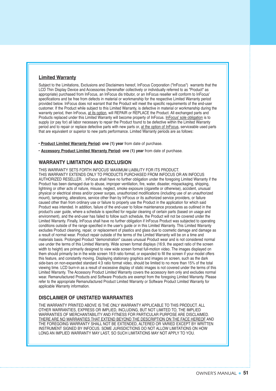 Warranty card | InFocus TD40 NTSC User Manual | Page 52 / 53