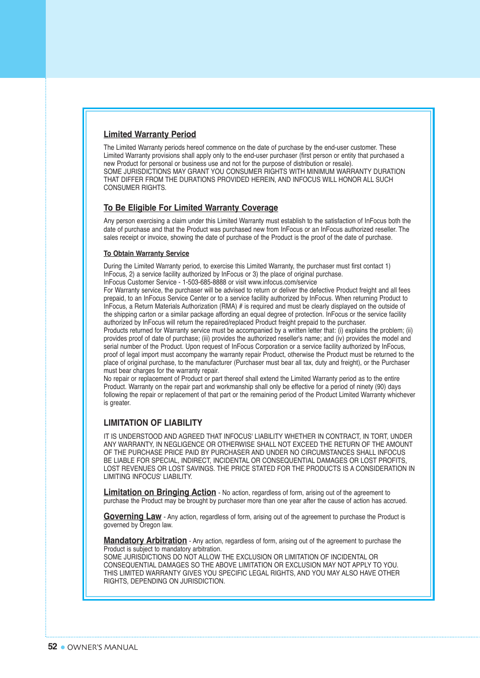 Warranty card | InFocus TD40 NTSC User Manual | Page 53 / 53