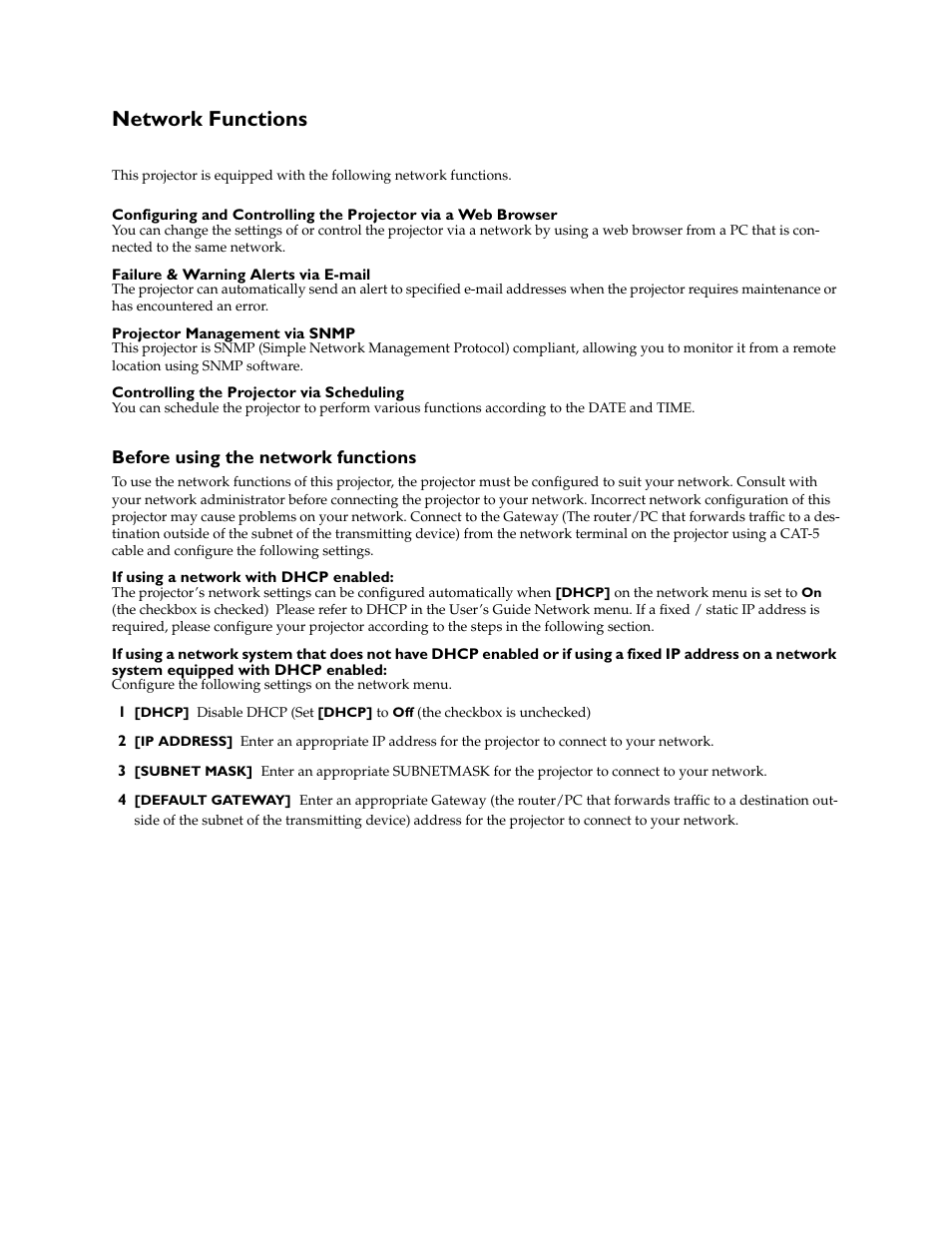 Network functions, Before using the network functions | InFocus IN5100 User Manual | Page 2 / 18