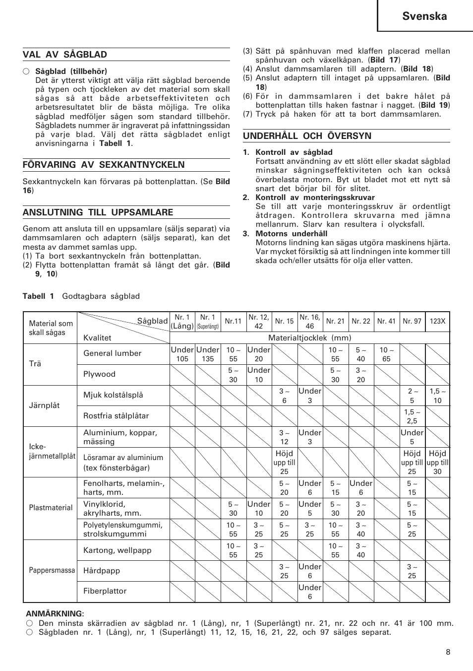 Svenska, Val av sågblad, Förvaring av sexkantnyckeln | Anslutning till uppsamlare, Underhåll och översyn | InFocus CJ120VA User Manual | Page 9 / 34