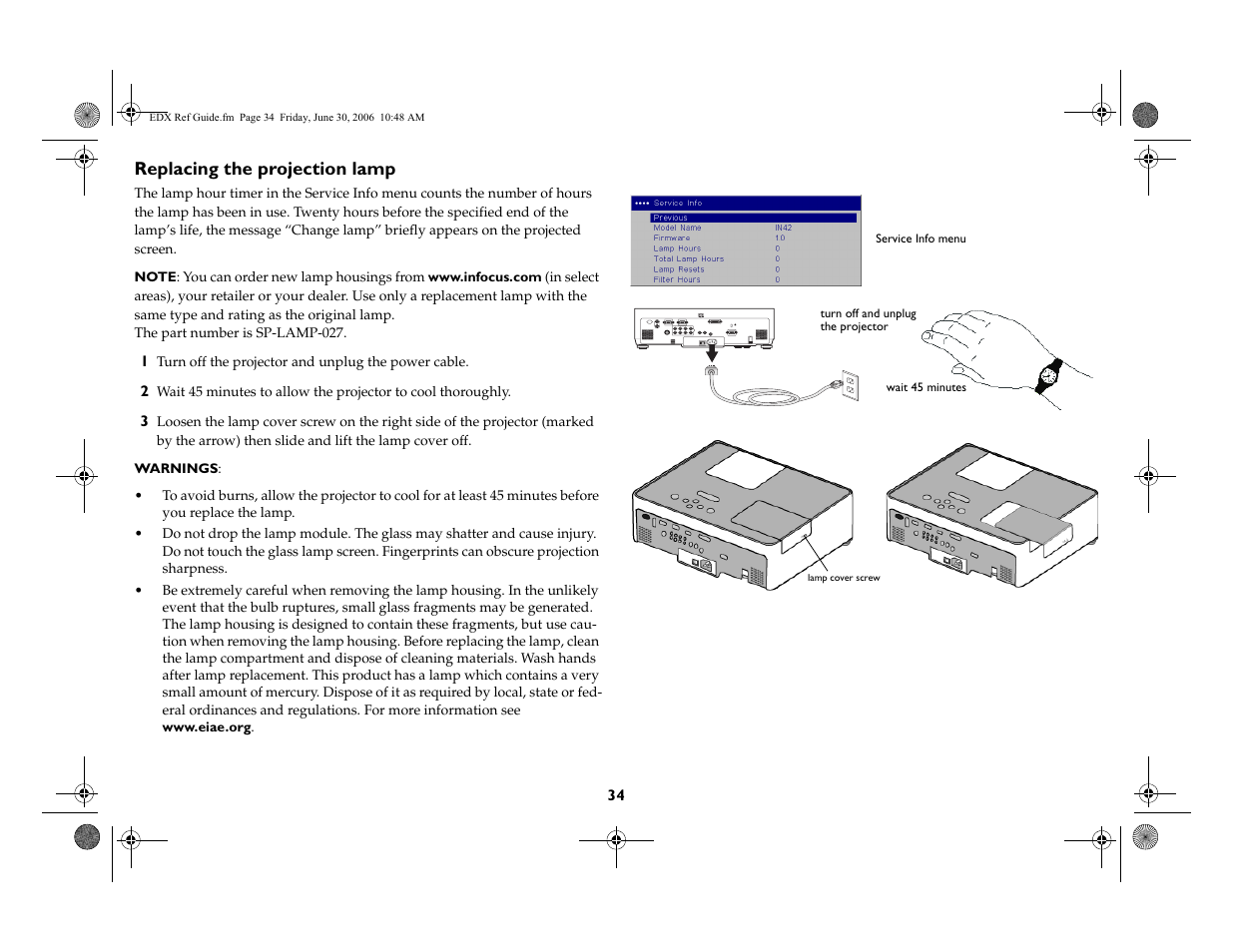 Replacing the projection lamp | InFocus IN42ff User Manual | Page 35 / 49