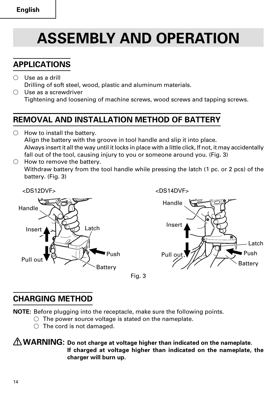 Assembly and operation, Applications, Removal and installation method of battery | Charging method, Warning | InFocus DS 14DVF User Manual | Page 14 / 68