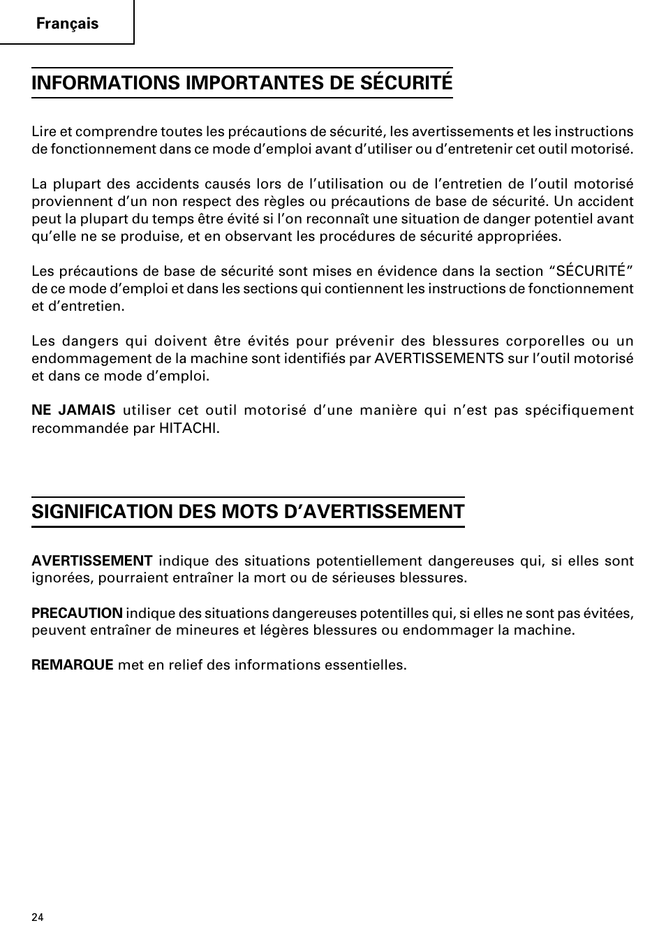 Informations importantes de sécurité, Signification des mots d’avertissement | InFocus DS 14DVF User Manual | Page 24 / 68