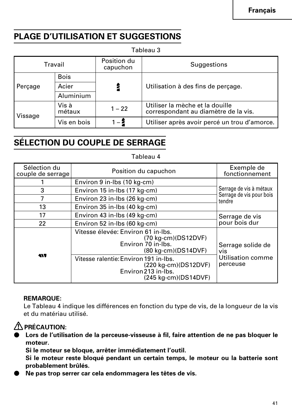 Plage d’utilisation et suggestions, Sélection du couple de serrage | InFocus DS 14DVF User Manual | Page 41 / 68