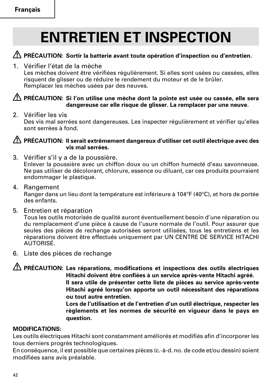 Entretien et inspection | InFocus DS 14DVF User Manual | Page 42 / 68