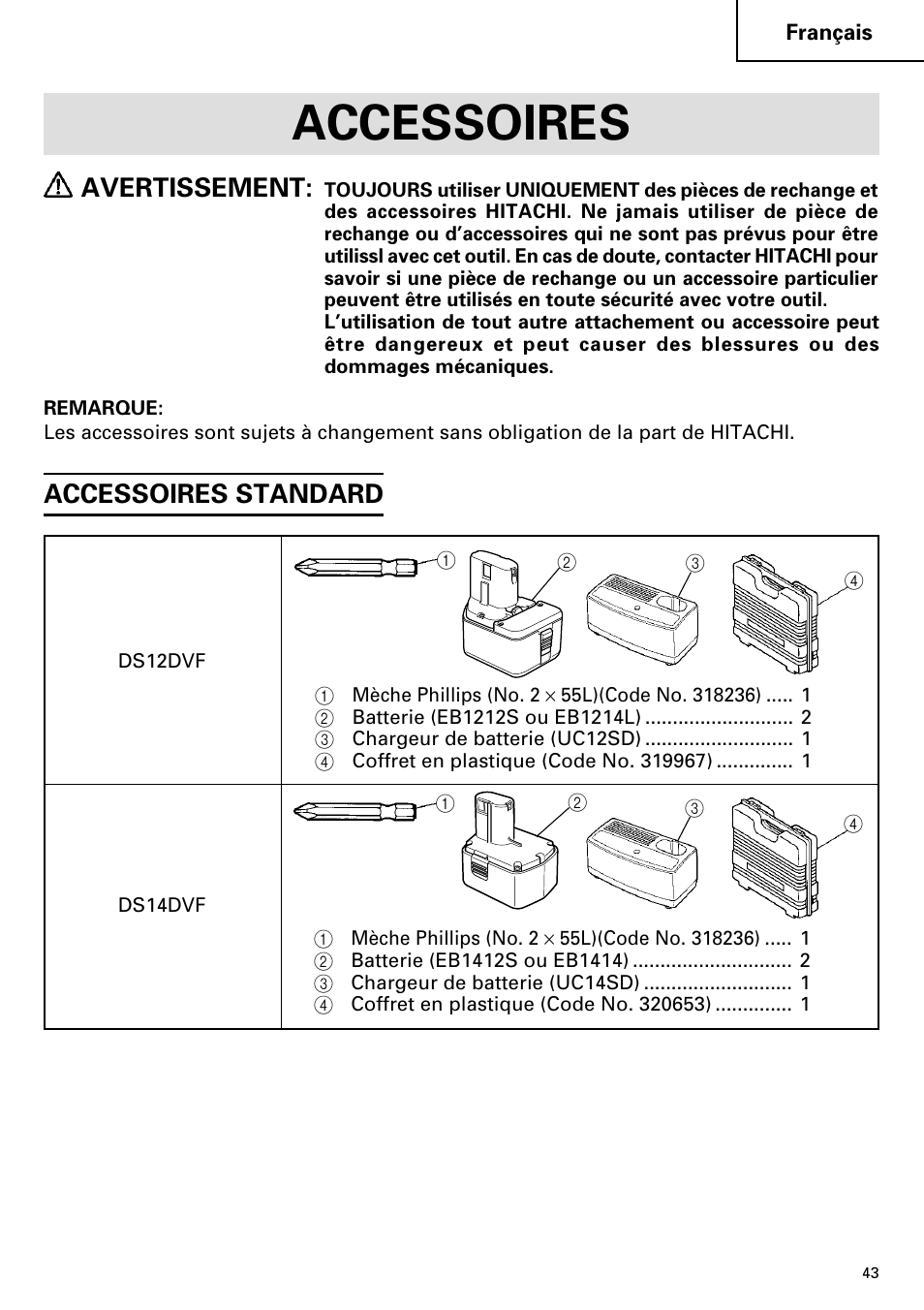 Accessoires, Avertissement, Accessoires standard | InFocus DS 14DVF User Manual | Page 43 / 68