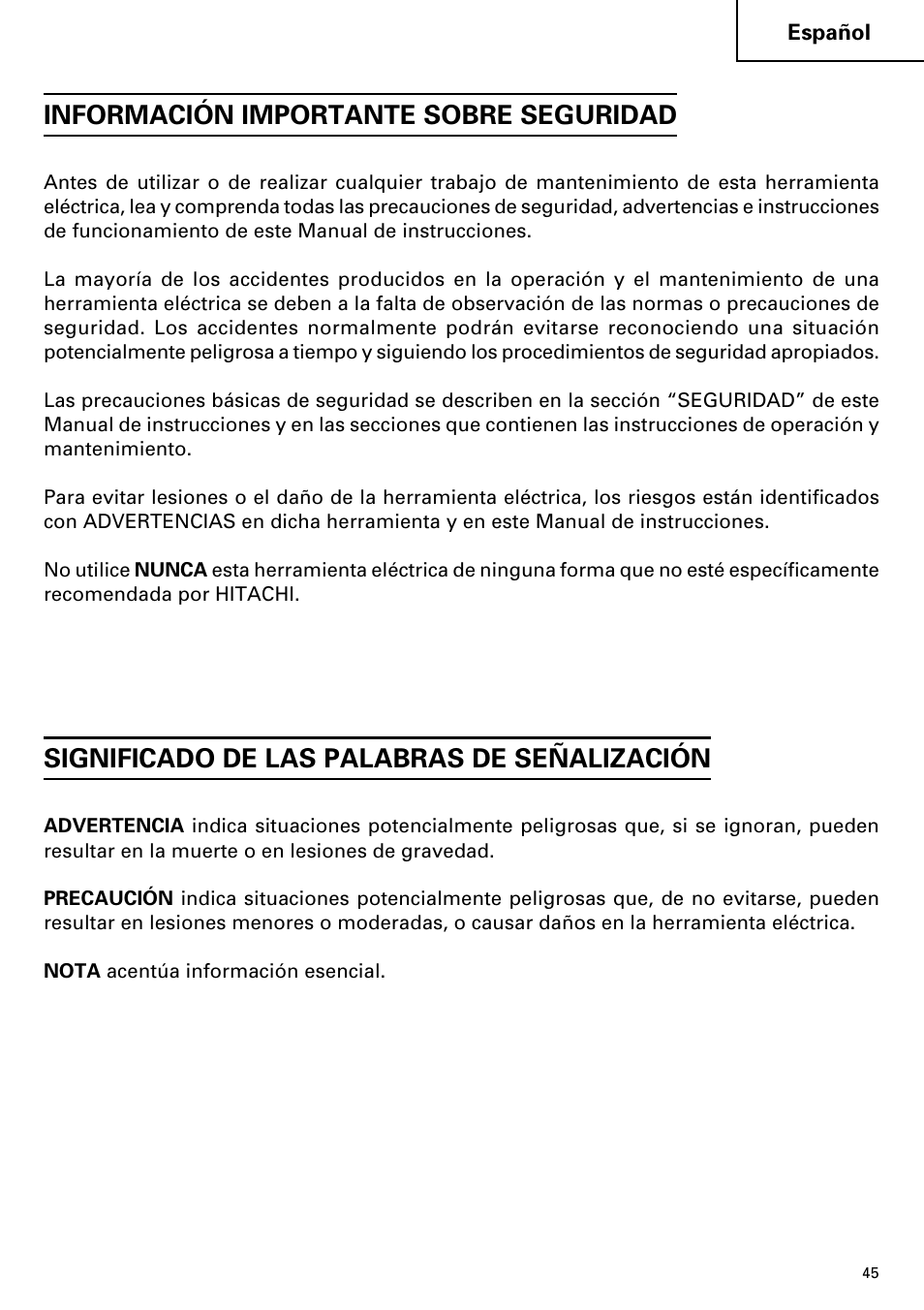 Información importante sobre seguridad, Significado de las palabras de señalización | InFocus DS 14DVF User Manual | Page 45 / 68