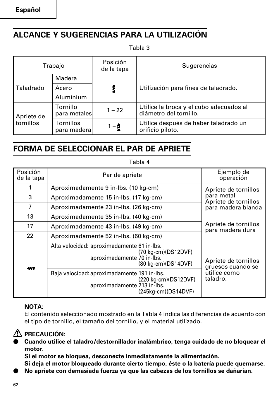 Alcance y sugerencias para la utilización, Forma de seleccionar el par de apriete | InFocus DS 14DVF User Manual | Page 62 / 68