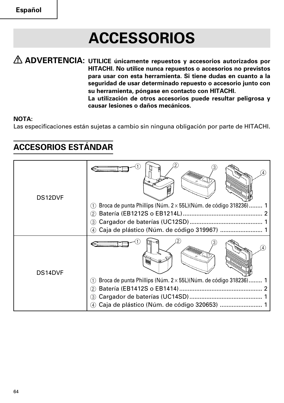 Accessorios, Advertencia, Accesorios estándar | InFocus DS 14DVF User Manual | Page 64 / 68