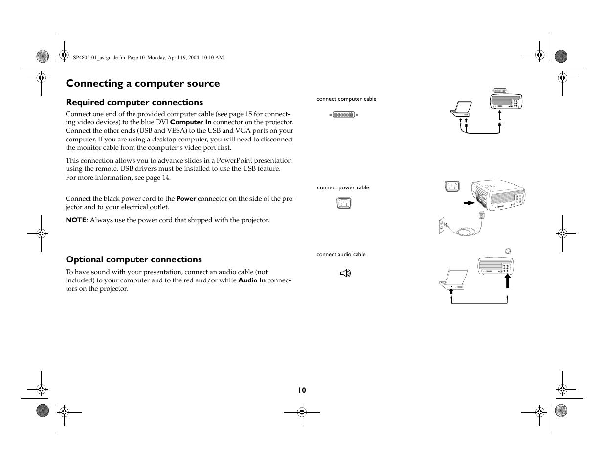 Connecting a computer source, Required computer connections, Optional computer connections | InFocus 4805 User Manual | Page 11 / 50