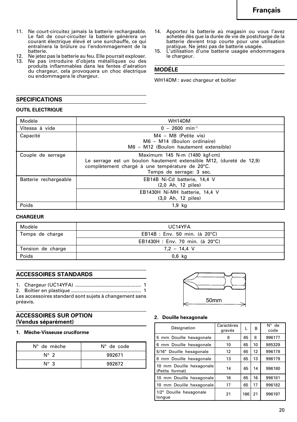 Français, Modéle, Specifications | Accessoires standards, Accessoires sur option (vendus séparément) | InFocus WH14DM User Manual | Page 21 / 66