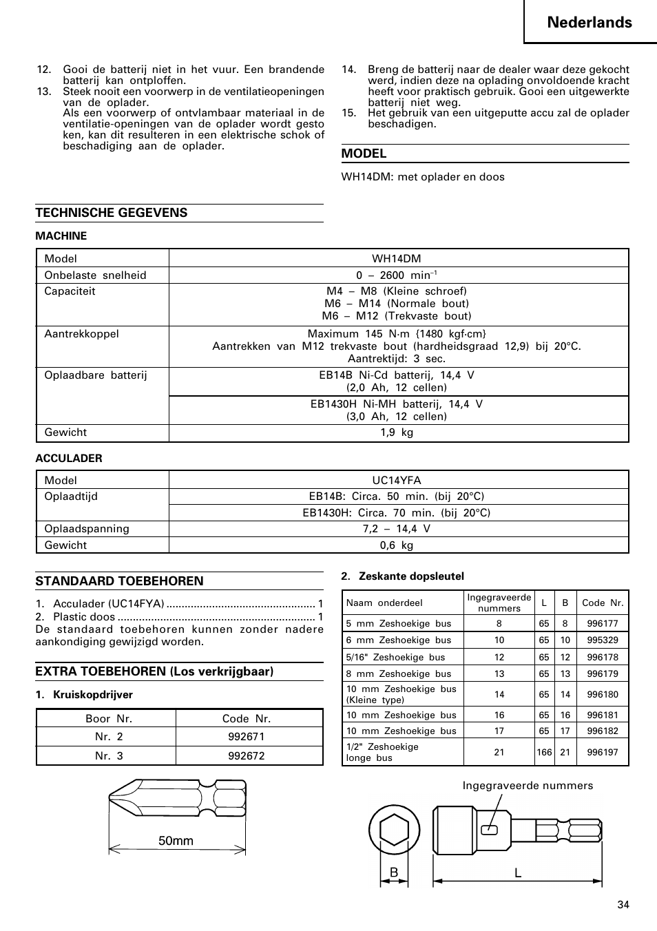 Nederlands, Model, Technische gegevens | Standaard toebehoren, Extra toebehoren (los verkrijgbaar) | InFocus WH14DM User Manual | Page 35 / 66