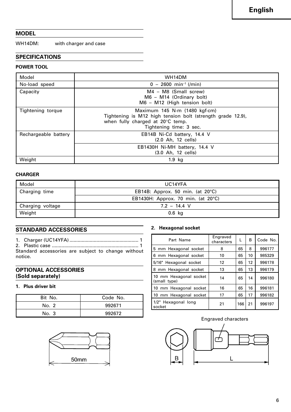 English, Model, Specifications | Standard accessories, Optional accessories (sold separately) | InFocus WH14DM User Manual | Page 7 / 66