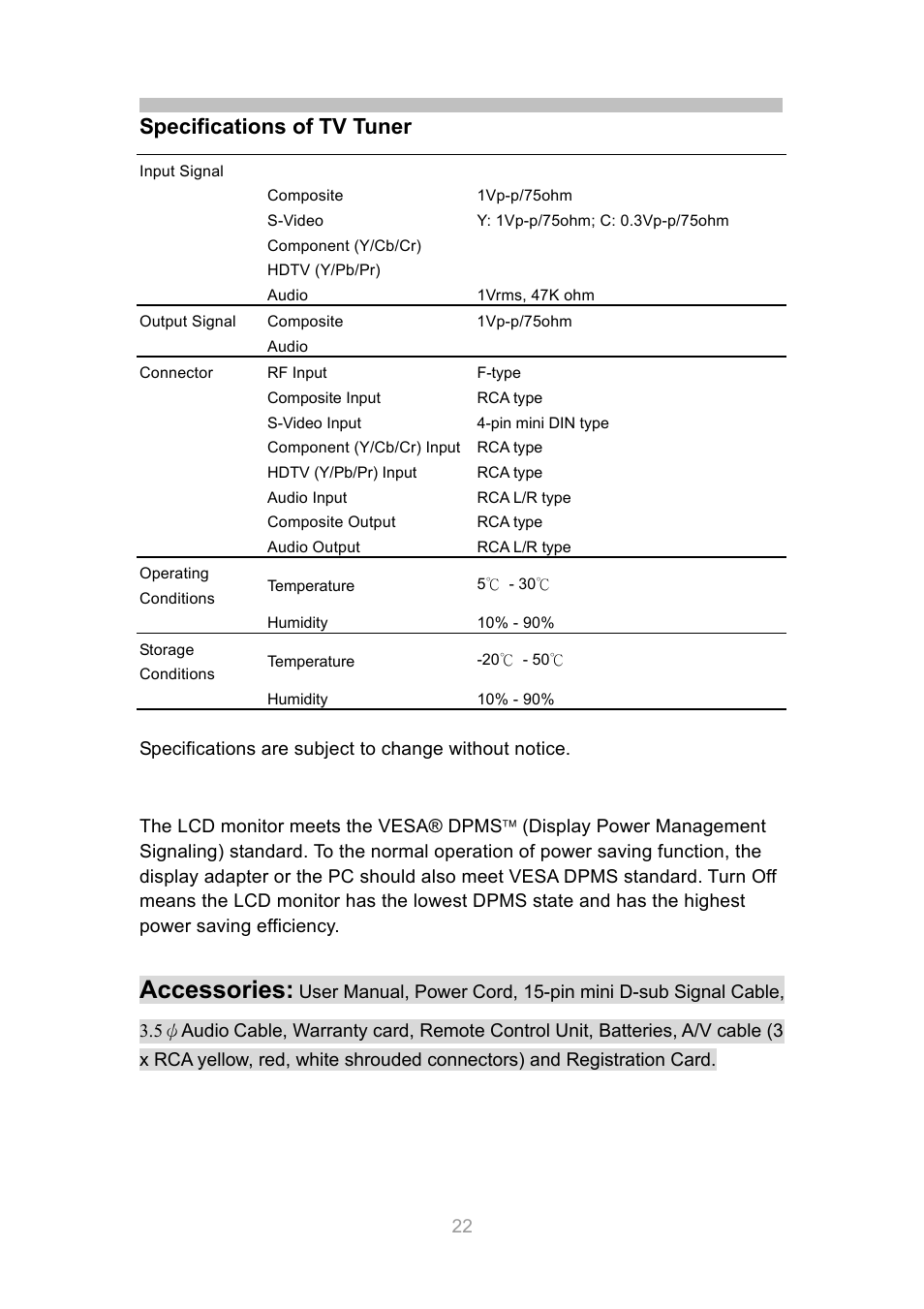 Accessories, Specifications of tv tuner | InFocus TD30 User Manual | Page 23 / 23