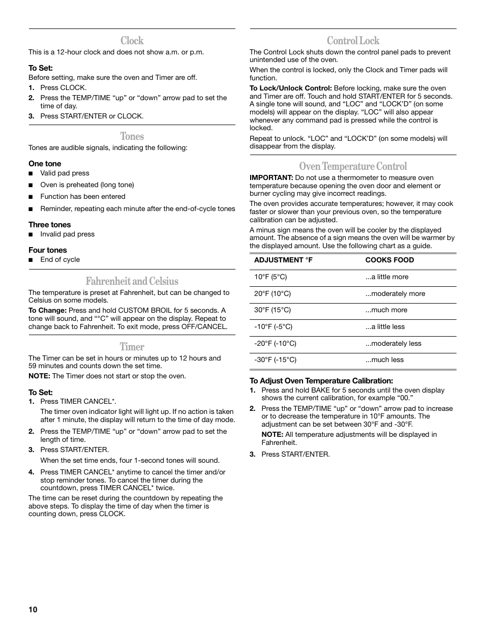 Clock, Tones, Fahrenheit and celsius | Timer, Control lock, Oven temperature control | Inglis Home Appliances Range User Manual | Page 10 / 20