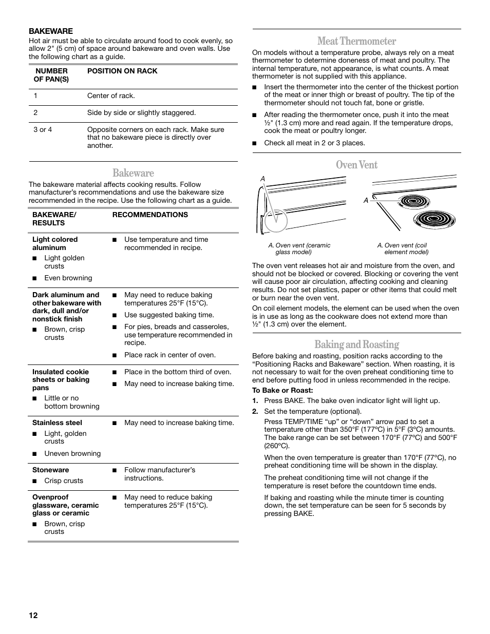 Bakeware, Meat thermometer, Oven vent | Baking and roasting | Inglis Home Appliances Range User Manual | Page 12 / 20