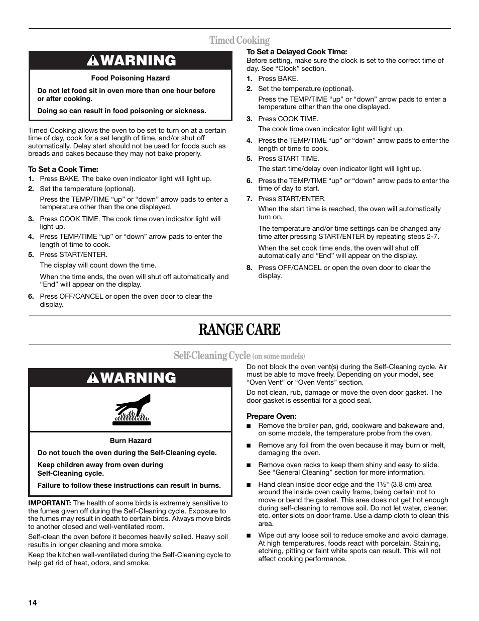 Range care, Warning, Timed cooking | Self-cleaning cycle | Inglis Home Appliances Range User Manual | Page 14 / 20