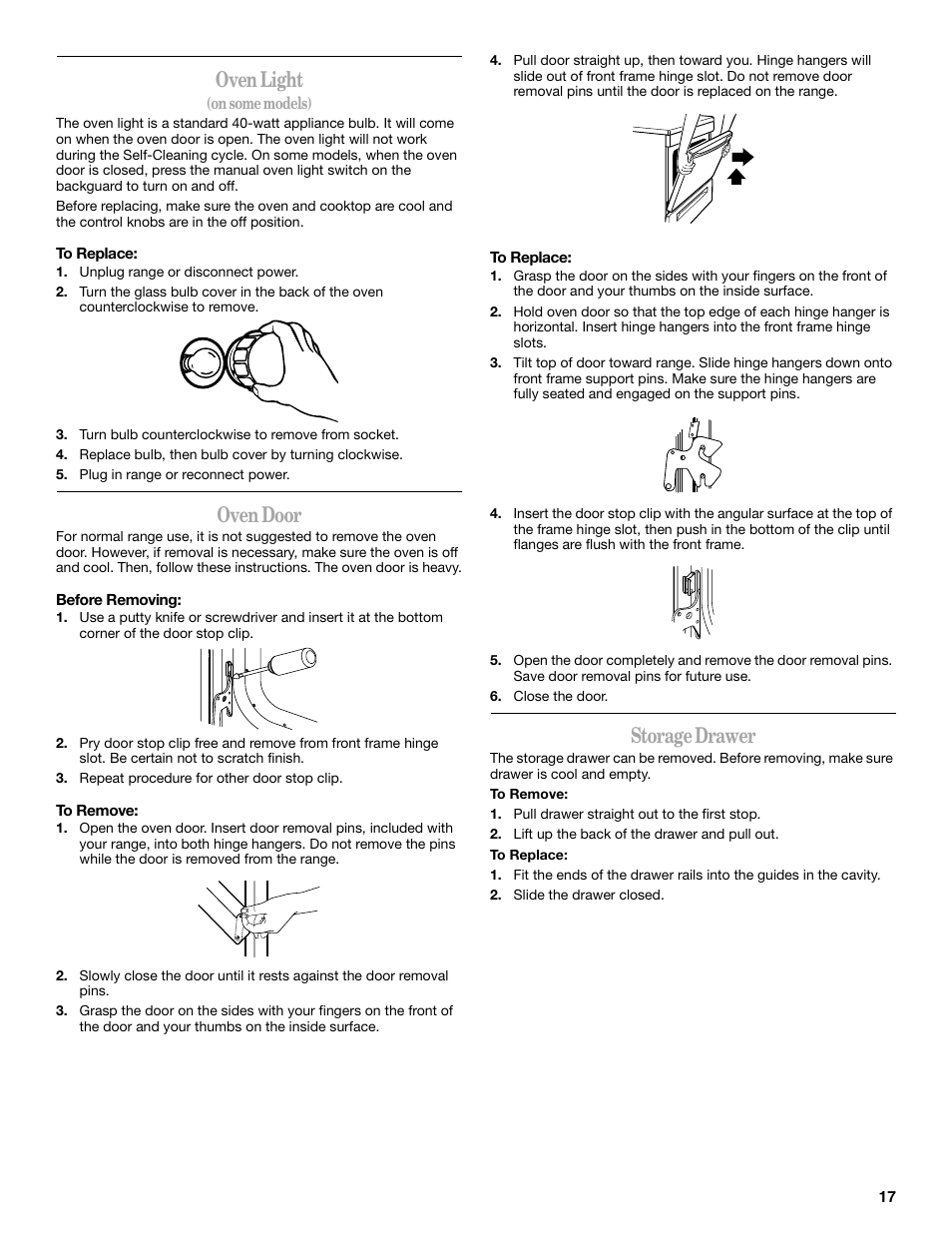 Oven light, Oven door, Storage drawer | Inglis Home Appliances Range User Manual | Page 17 / 20