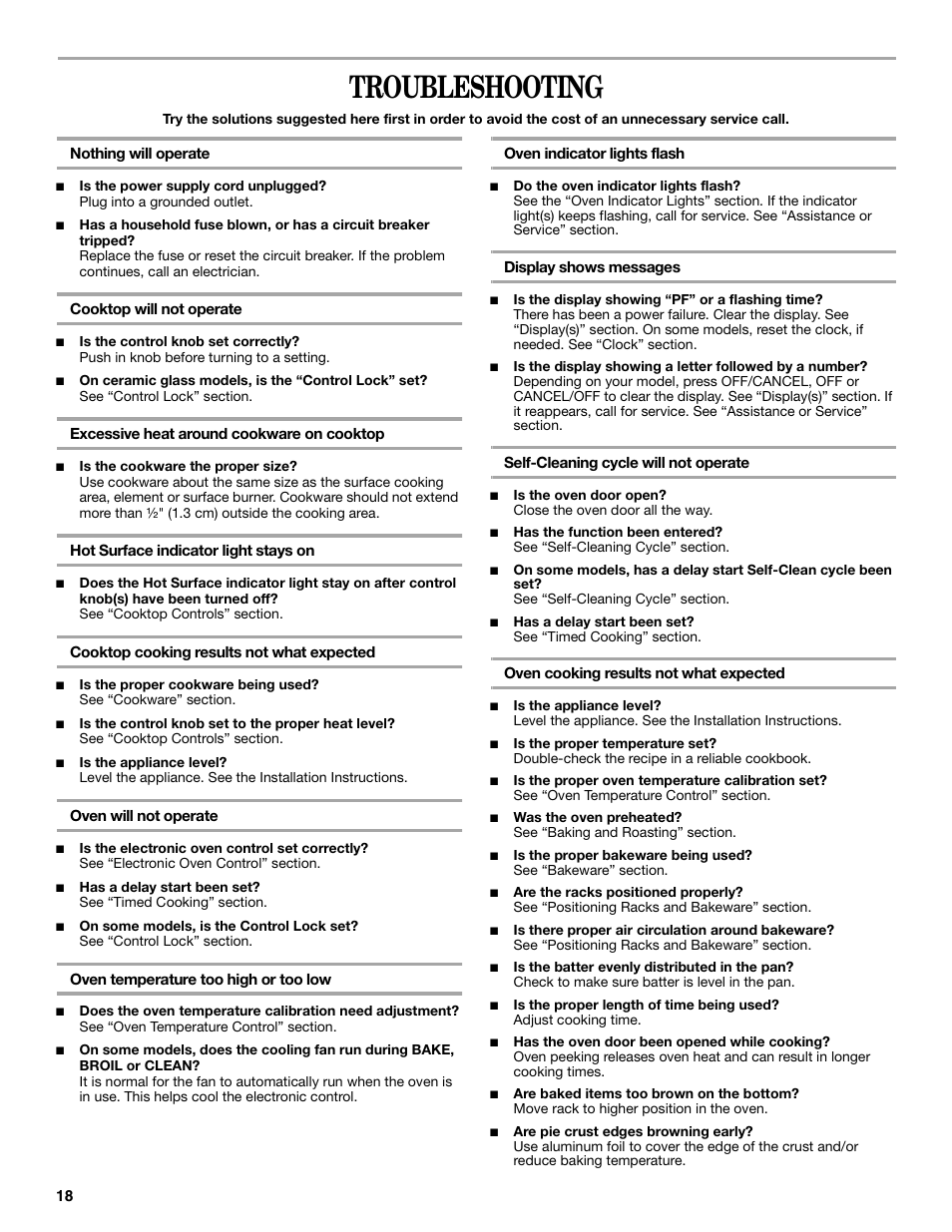 Troubleshooting | Inglis Home Appliances Range User Manual | Page 18 / 20