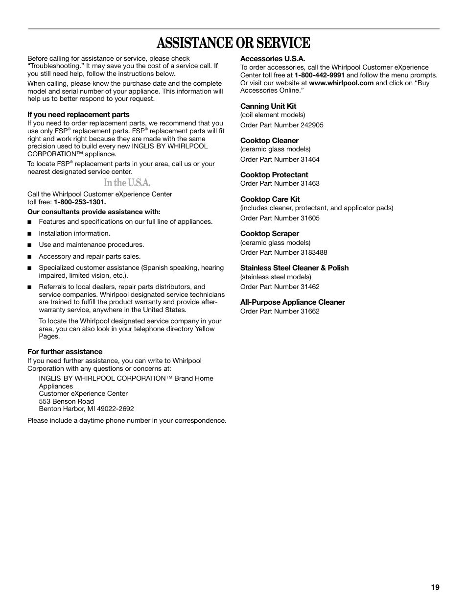 Assistance or service | Inglis Home Appliances Range User Manual | Page 19 / 20
