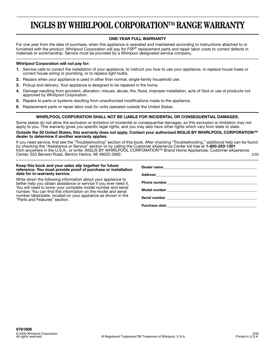 Inglis by whirlpool corporation™ range warranty | Inglis Home Appliances Range User Manual | Page 20 / 20