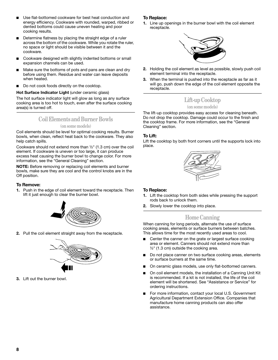 Coil elements and burner bowls, Lift-up cooktop, Home canning | Inglis Home Appliances Range User Manual | Page 8 / 20