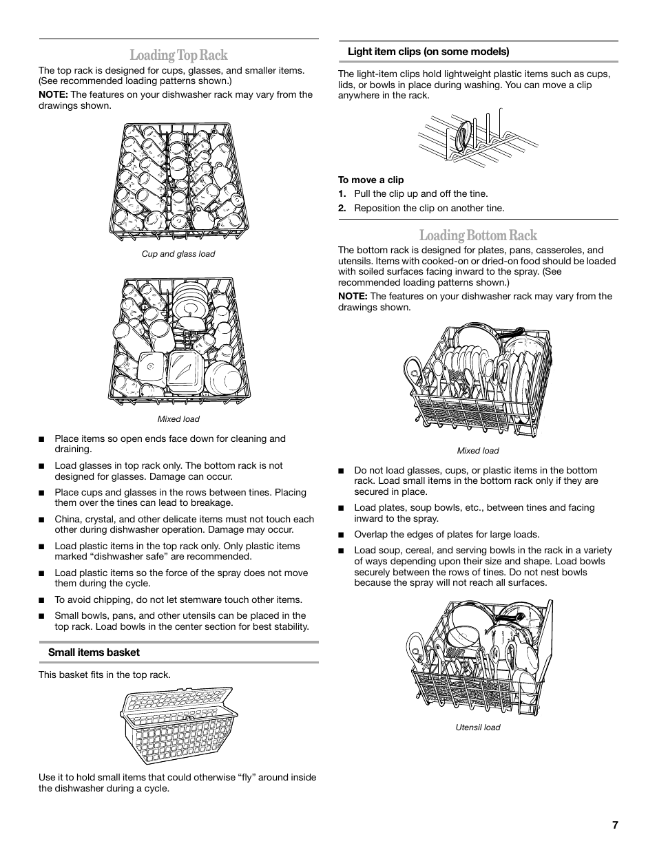 Loading top rack, Loading bottom rack | Inglis Home Appliances INGLIS IRD6750 User Manual | Page 7 / 16