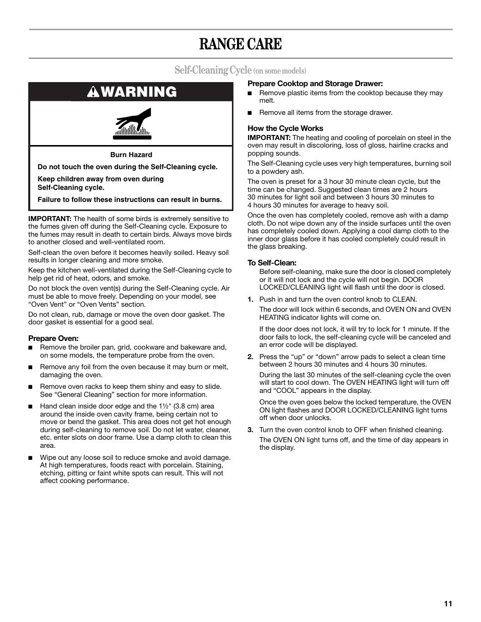 Range care, Warning, Self-cleaning cycle | Inglis Home Appliances W10017680 User Manual | Page 11 / 16
