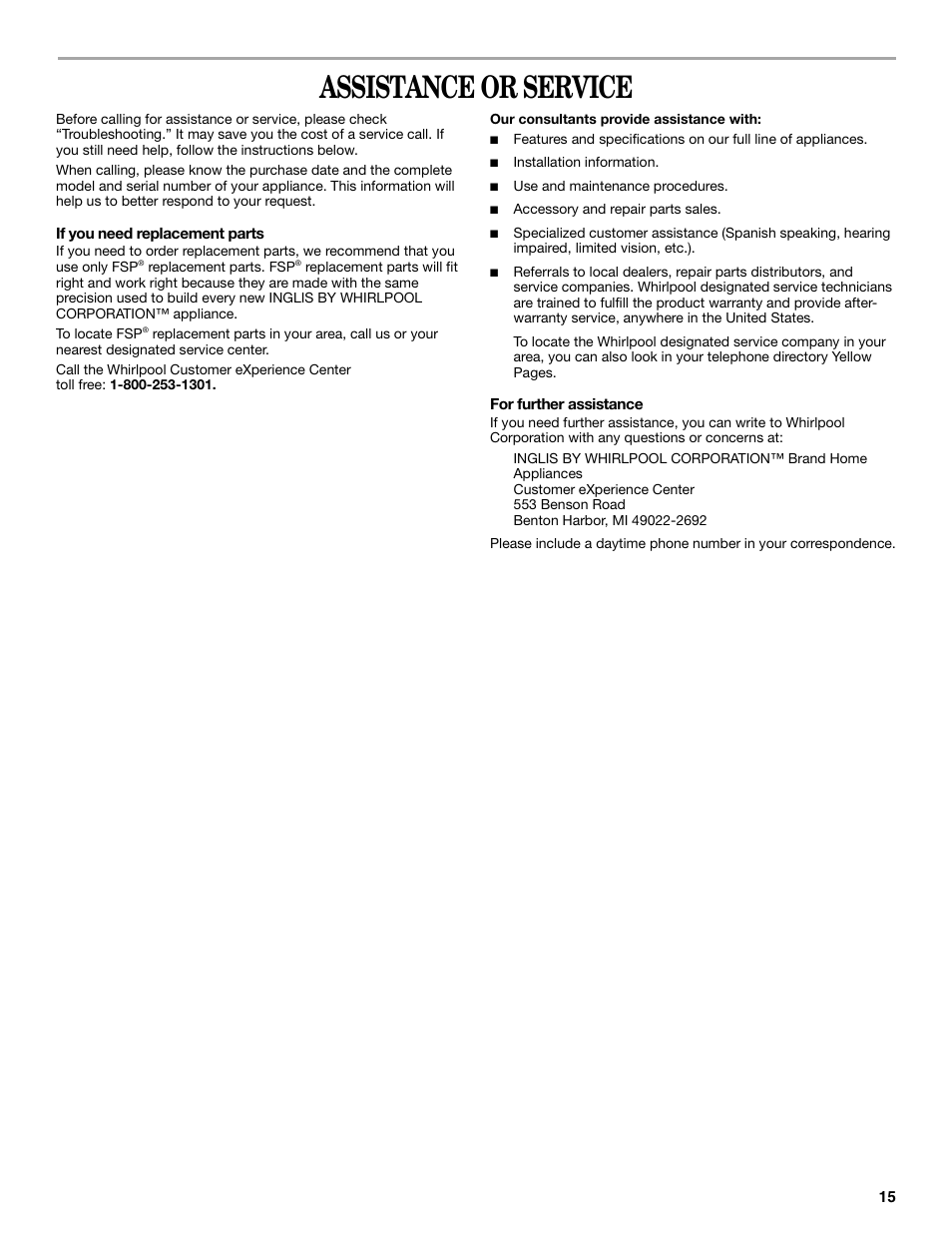 Assistance or service | Inglis Home Appliances W10017680 User Manual | Page 15 / 16