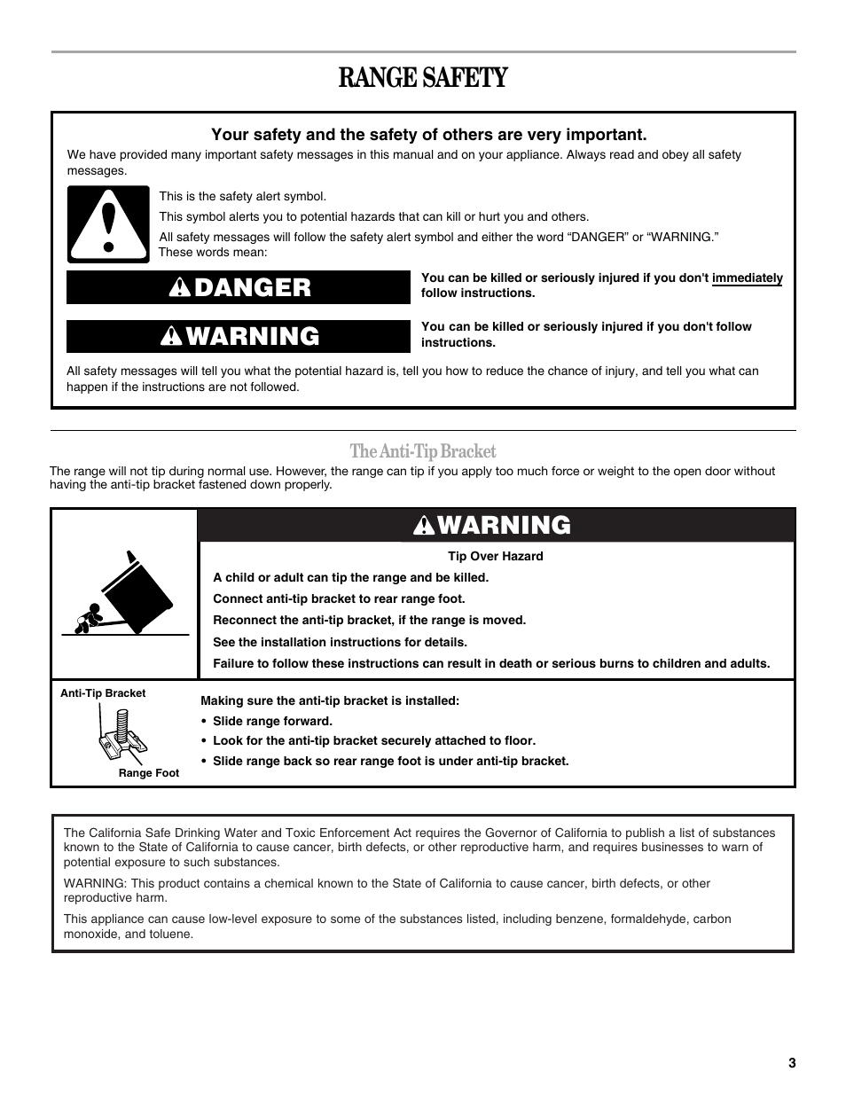 Range safety, Danger warning, Warning | The anti-tip bracket | Inglis Home Appliances W10017680 User Manual | Page 3 / 16