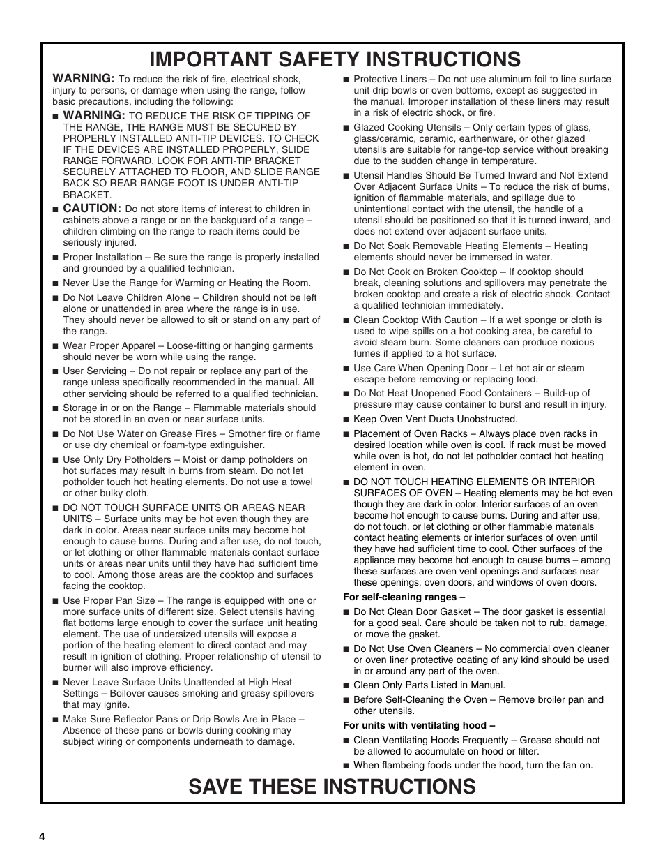 Warning, Caution | Inglis Home Appliances W10017680 User Manual | Page 4 / 16