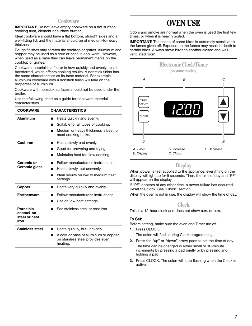Oven use, Cookware, Electronic clock/timer | Display, Clock | Inglis Home Appliances W10017680 User Manual | Page 7 / 16