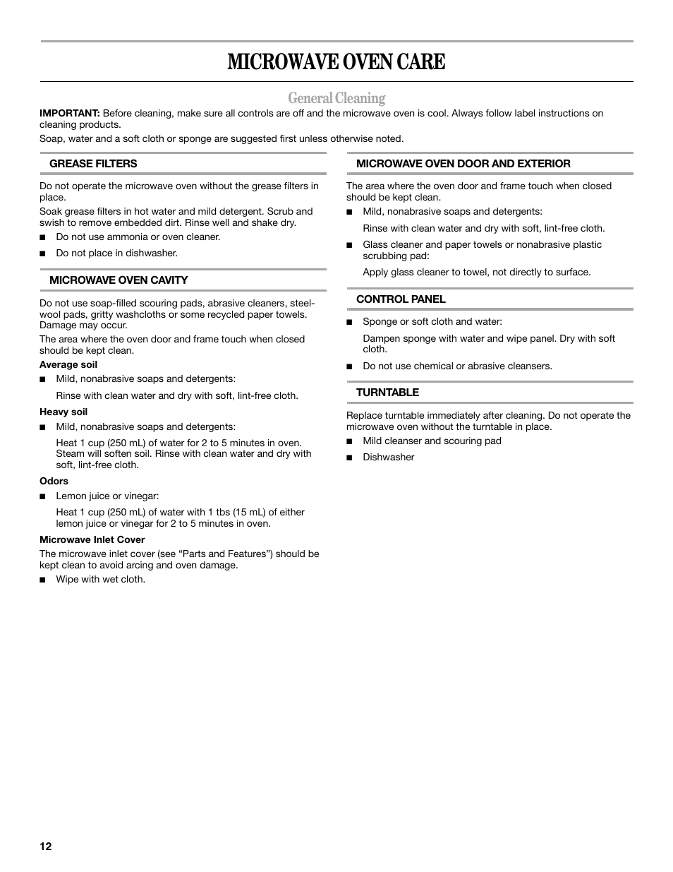 Microwave oven care, General cleaning | Inglis Home Appliances IOR14XR User Manual | Page 12 / 16