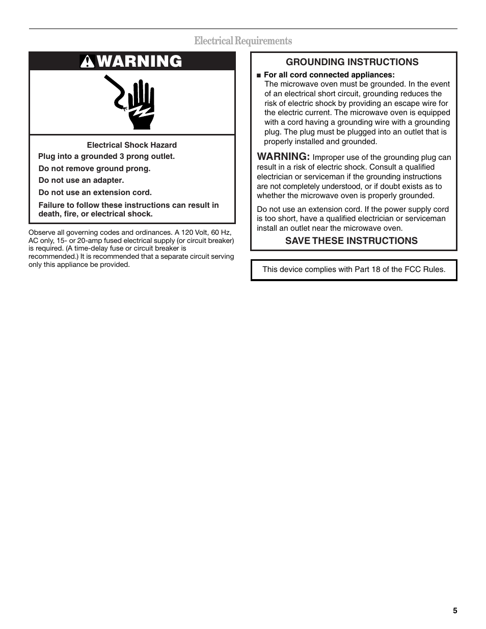 Warning, Electrical requirements | Inglis Home Appliances IOR14XR User Manual | Page 5 / 16