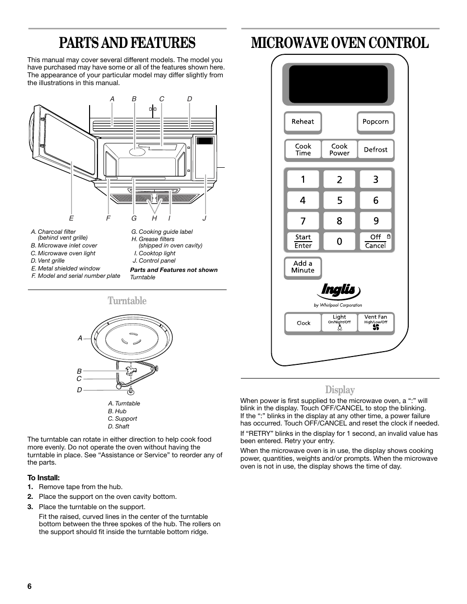 Parts and features, Microwave oven control, Turntable | Display | Inglis Home Appliances IOR14XR User Manual | Page 6 / 16