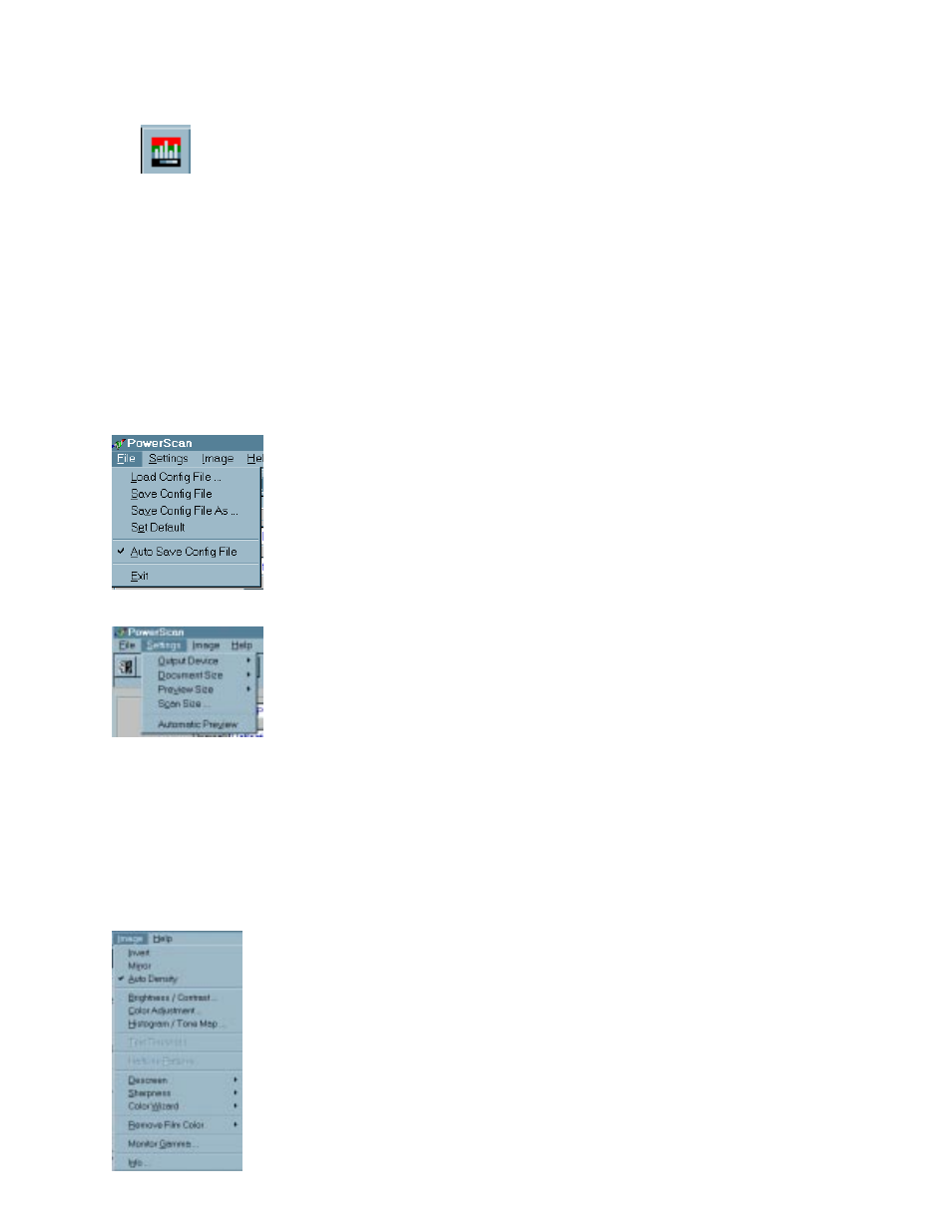Histogram/tone map, Menu bar, File | Settings, Image, File settings image | IBM Ricoh FB750 User Manual | Page 29 / 66