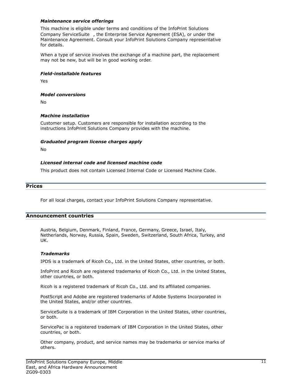 Prices, Announcement countries | IBM Ricoh 1985 User Manual | Page 11 / 12