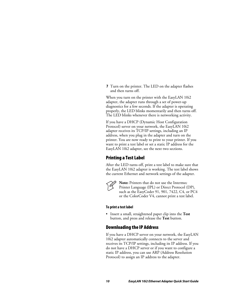 Printing a test label, Downloading the ip address | Intermec EASYLANTM 10I2 User Manual | Page 10 / 12