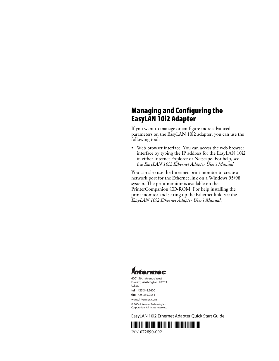 Managing and configuring the easylan 10i2 adapter | Intermec EASYLANTM 10I2 User Manual | Page 12 / 12