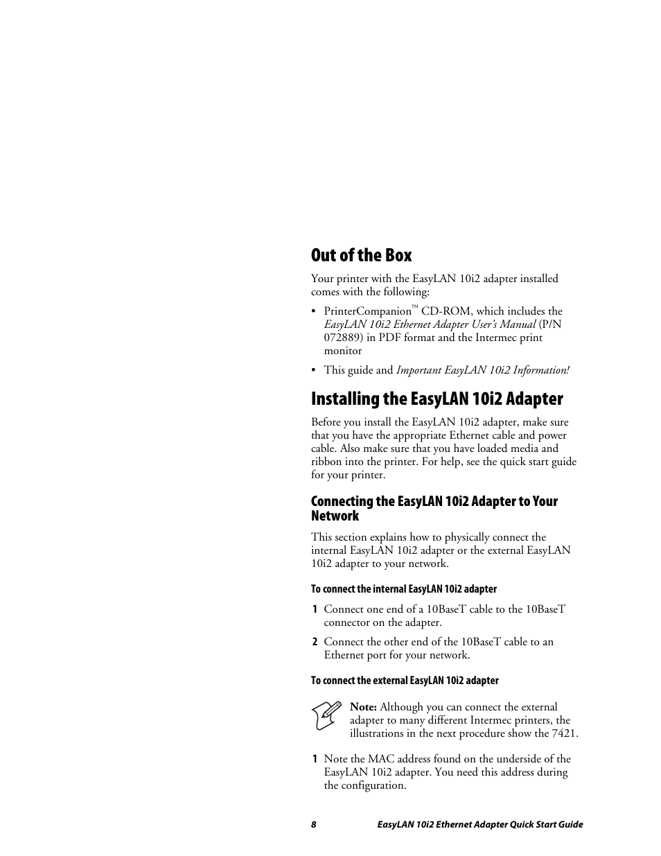 Out of the box, Installing the easylan 10i2 adapter | Intermec EASYLANTM 10I2 User Manual | Page 8 / 12