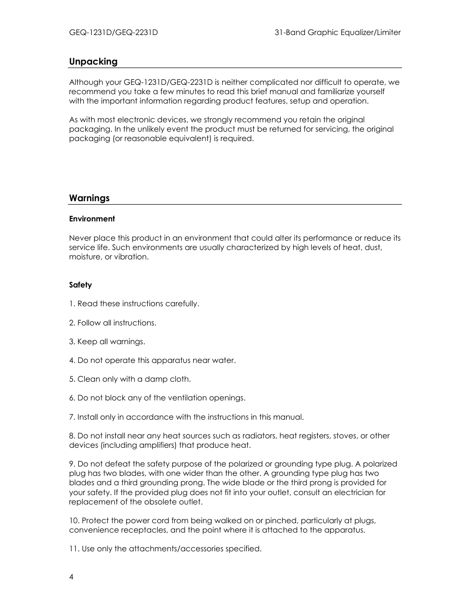 Unpacking, Warnings, Environment | Safety | Intermec GEQ-2231D User Manual | Page 4 / 19