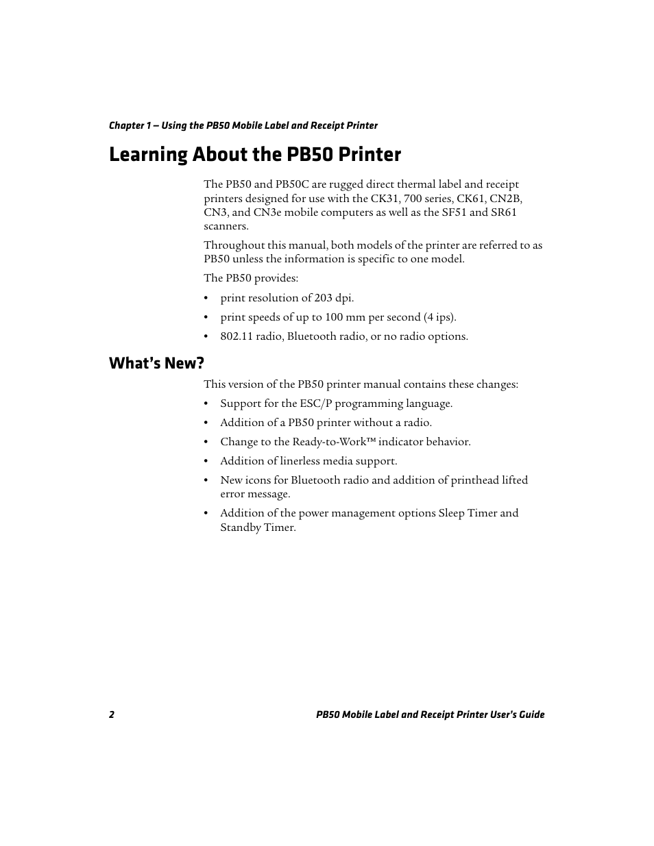 Learning about the pb50 printer, What’s new | Intermec PB50 User Manual | Page 12 / 72