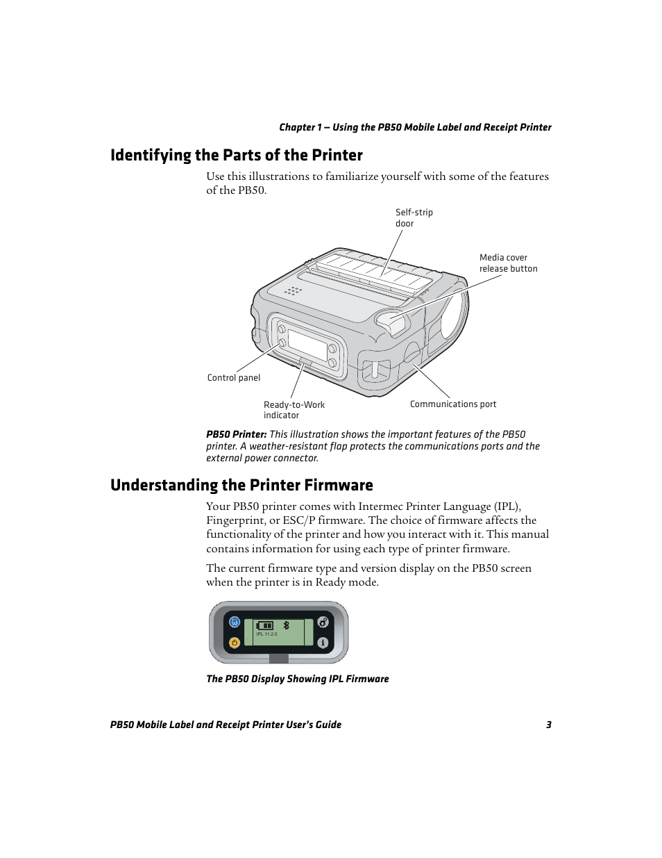 Identifying the parts of the printer, Understanding the printer firmware | Intermec PB50 User Manual | Page 13 / 72