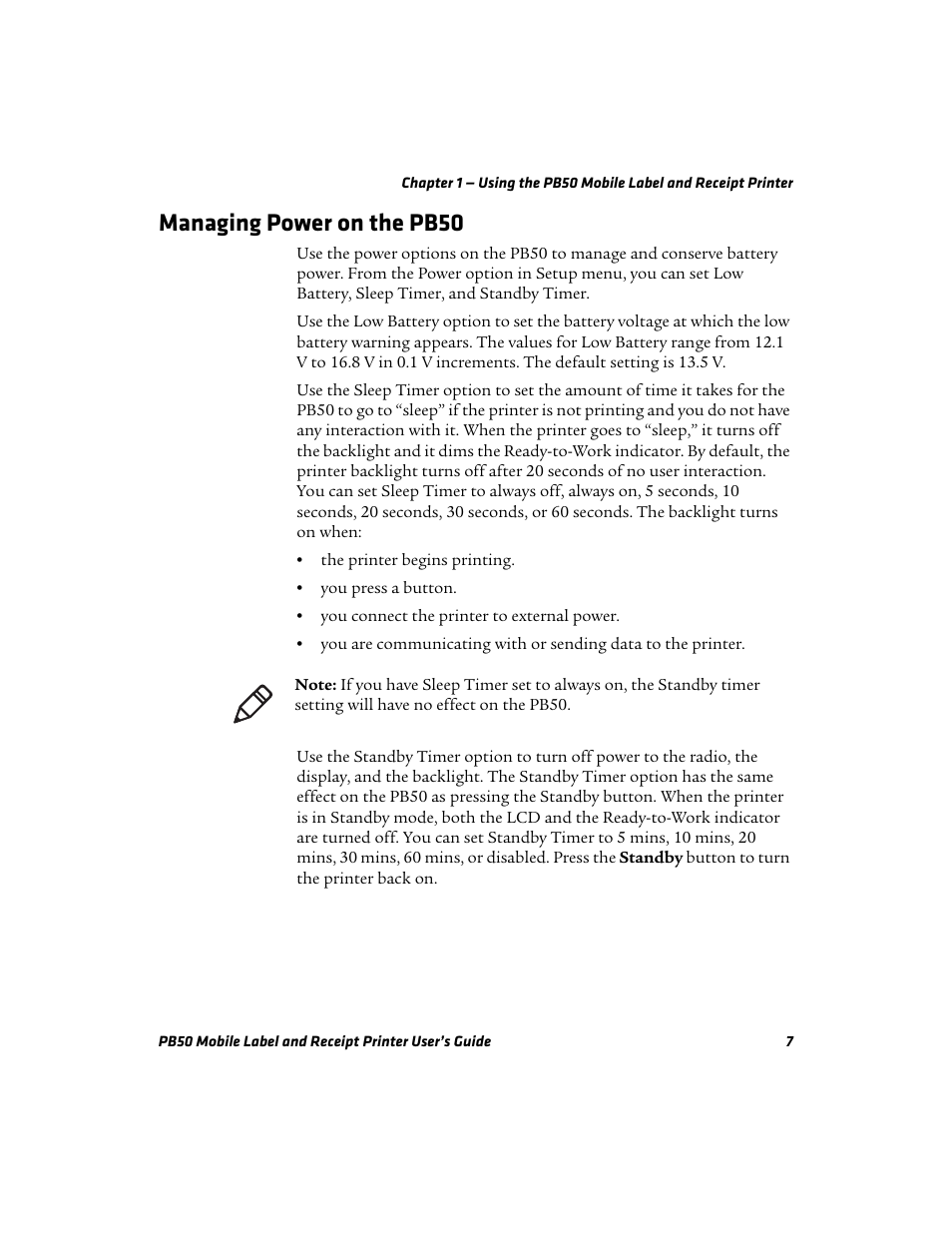 Managing power on the pb50 | Intermec PB50 User Manual | Page 17 / 72