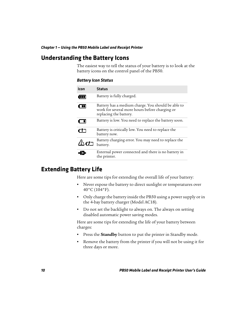 Understanding the battery icons, Extending battery life | Intermec PB50 User Manual | Page 20 / 72