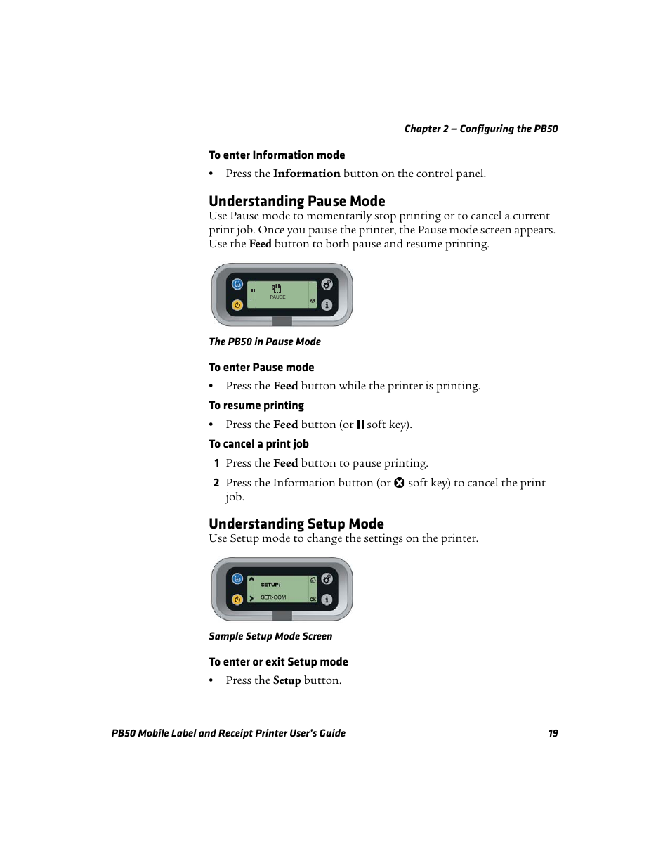 Understanding pause mode, Understanding setup mode, Understanding pause mode understanding setup mode | Intermec PB50 User Manual | Page 29 / 72