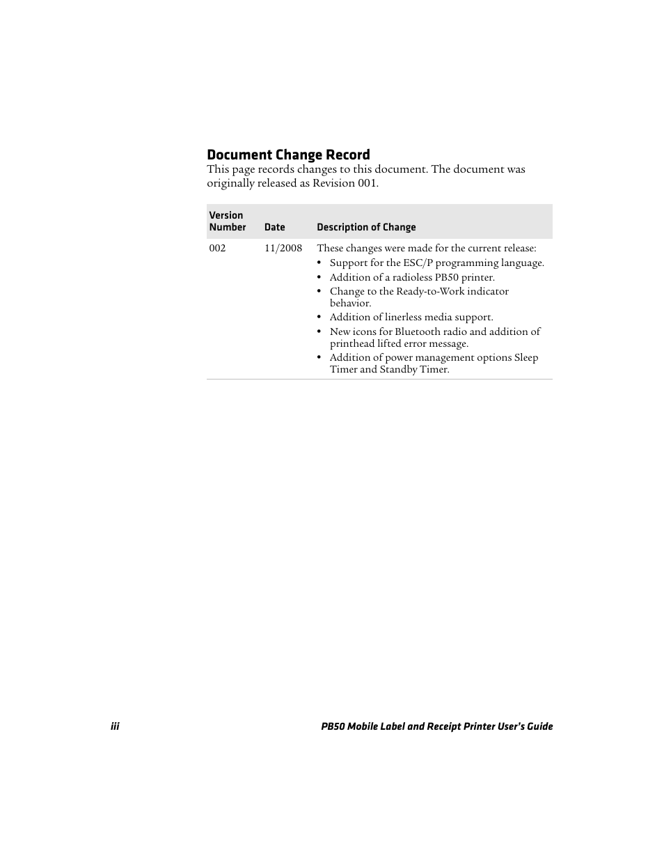 Document change record | Intermec PB50 User Manual | Page 3 / 72