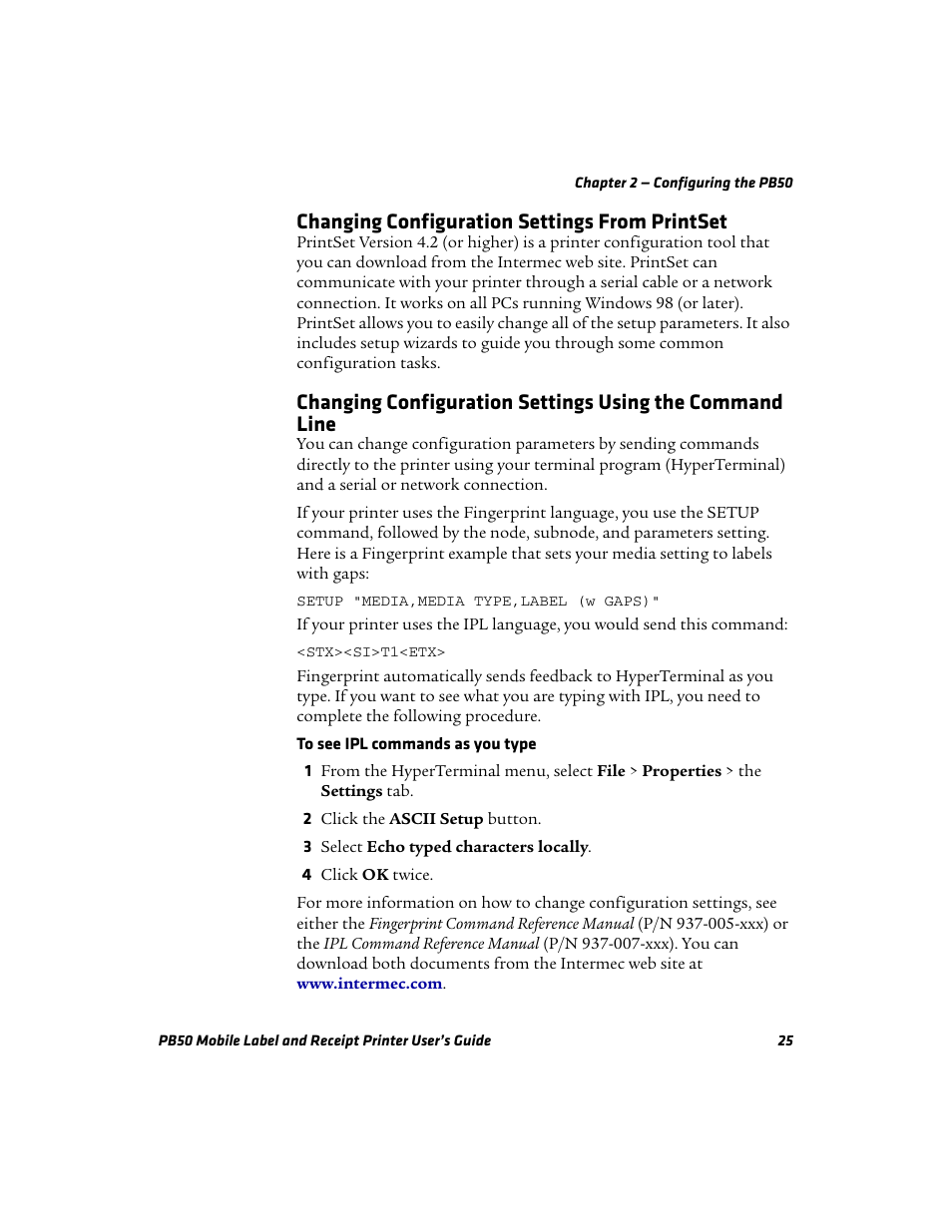 Changing configuration settings from printset | Intermec PB50 User Manual | Page 35 / 72