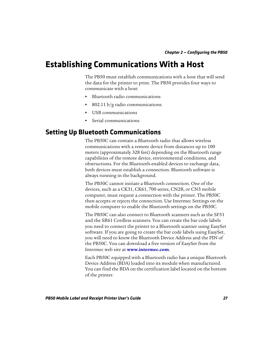 Establishing communications with a host, Setting up bluetooth communications | Intermec PB50 User Manual | Page 37 / 72