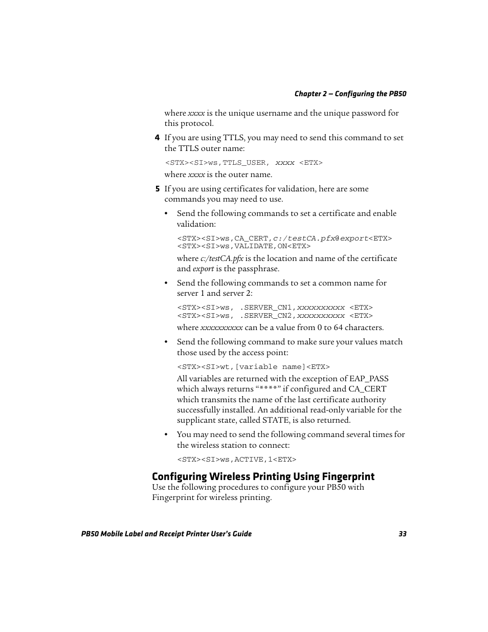 Configuring wireless printing using fingerprint | Intermec PB50 User Manual | Page 43 / 72